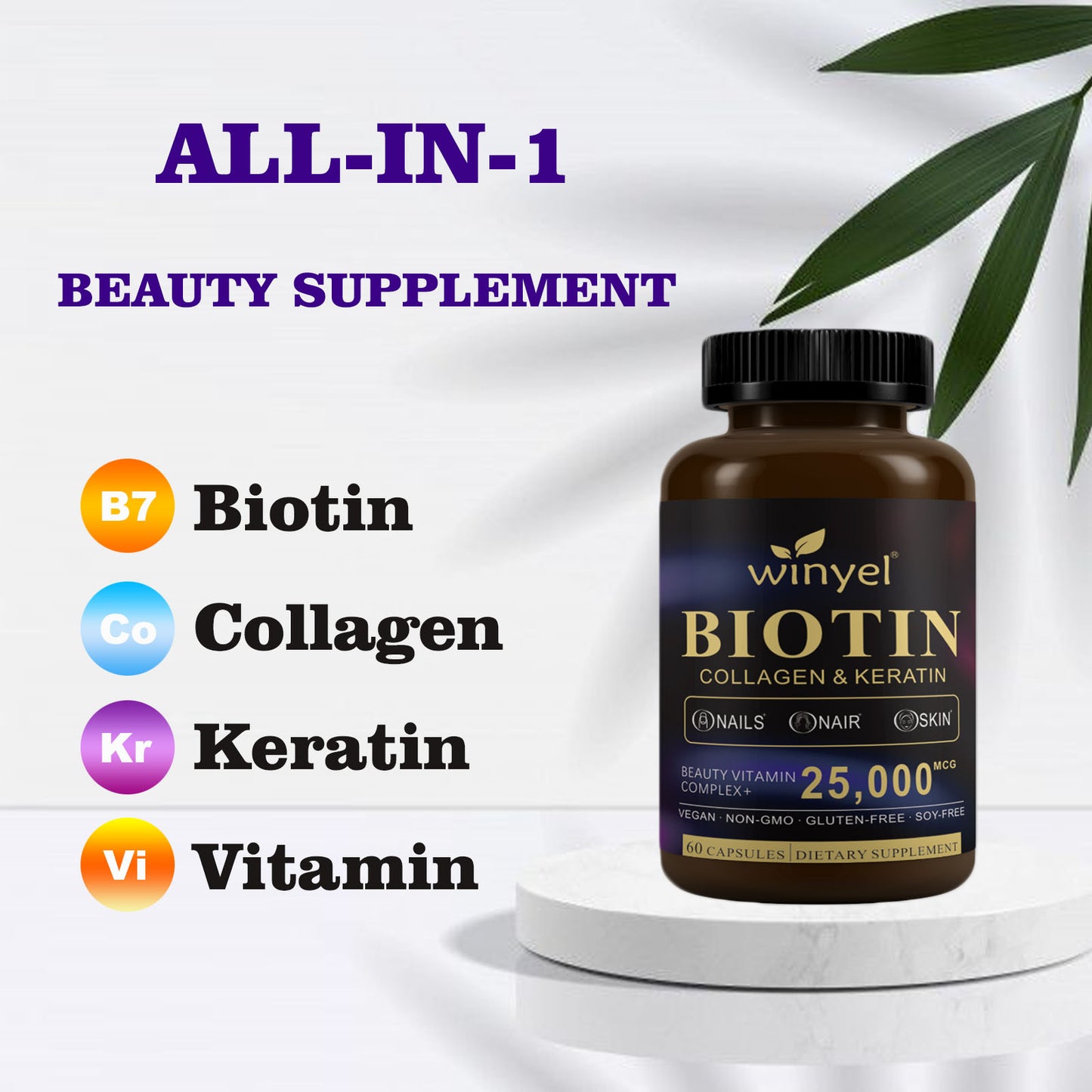 Biotin, Collagen & Keratin Hair, Skin and Nails Supplement - 60 Capsules