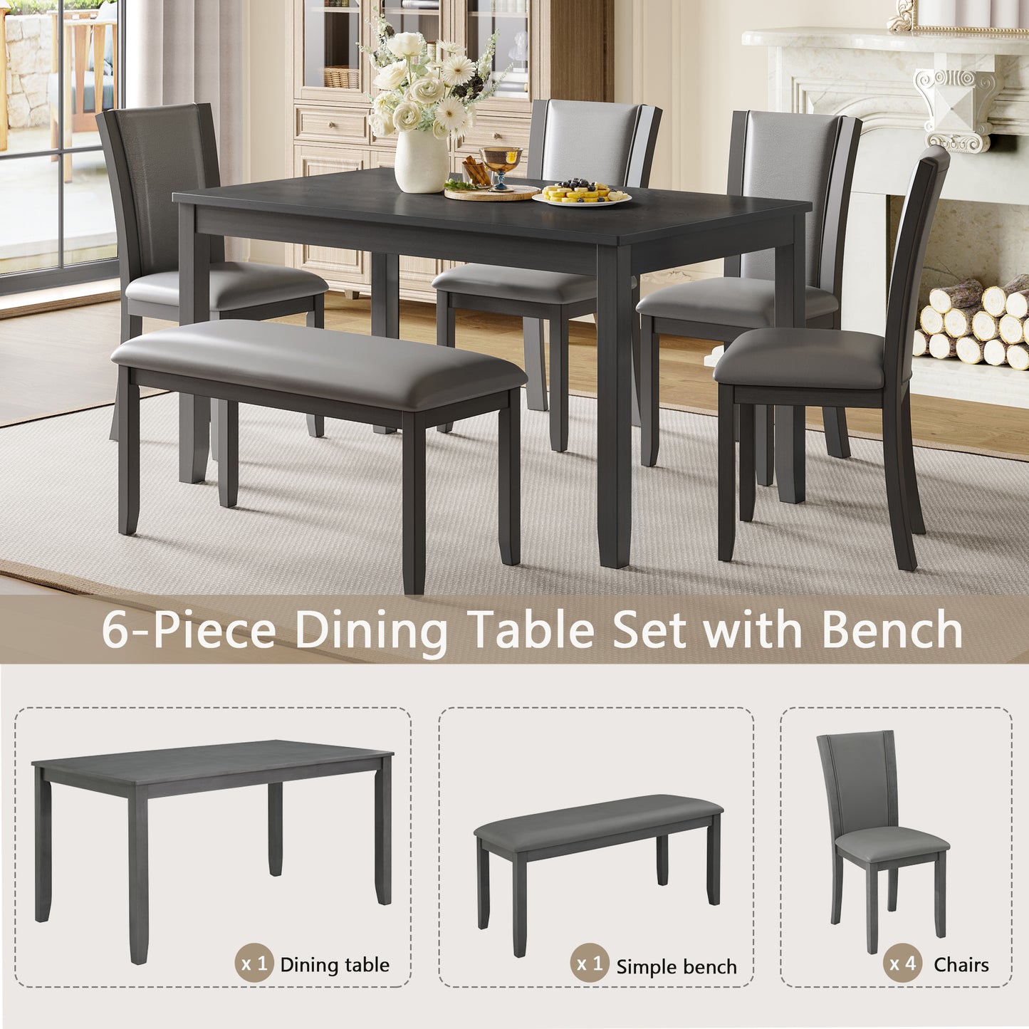 6-Piece Wooden Dining Table Set with Bench and Chairs - Gray