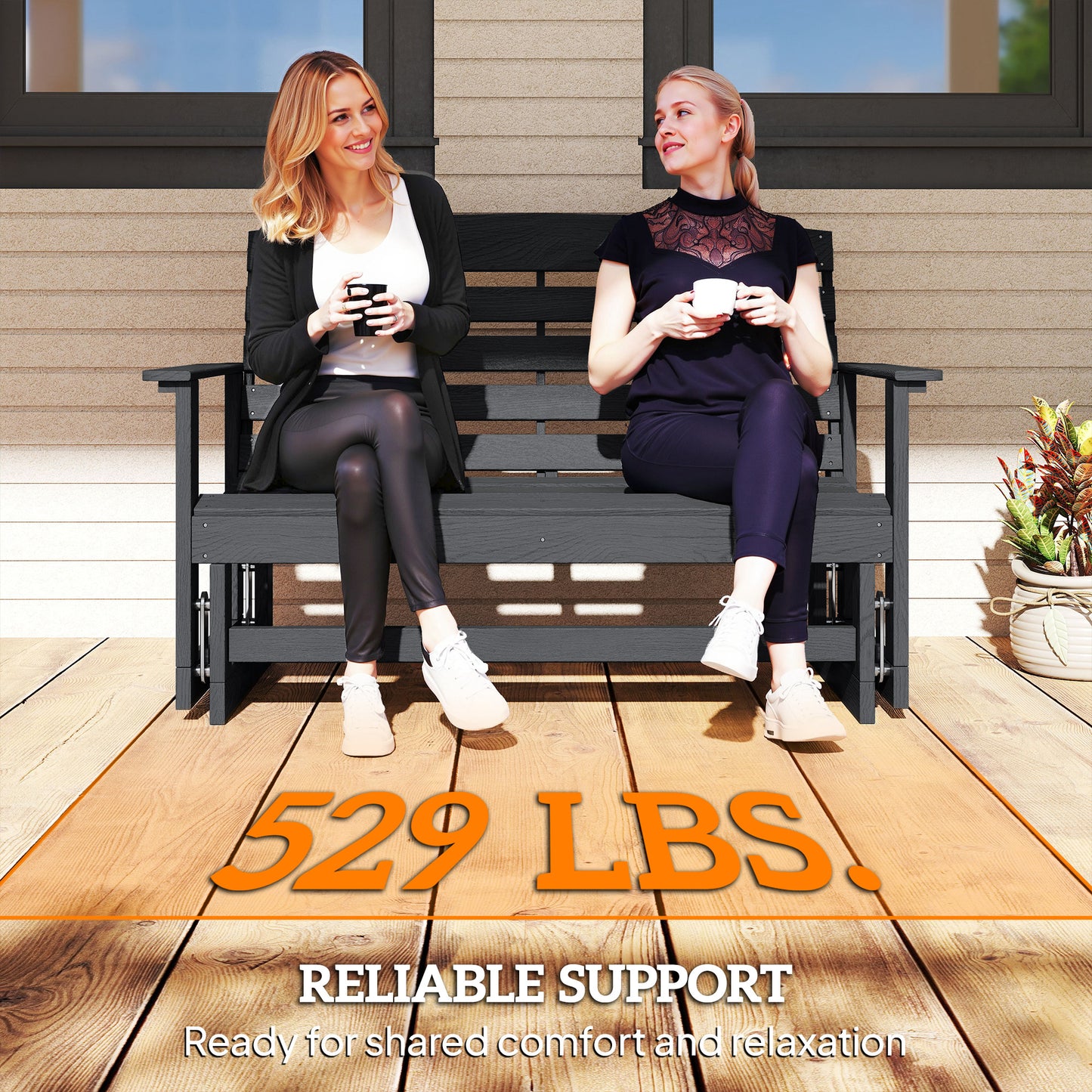 Patio Glider Bench - HDPE Slatted Double Rocking Chair, Distressed Black
