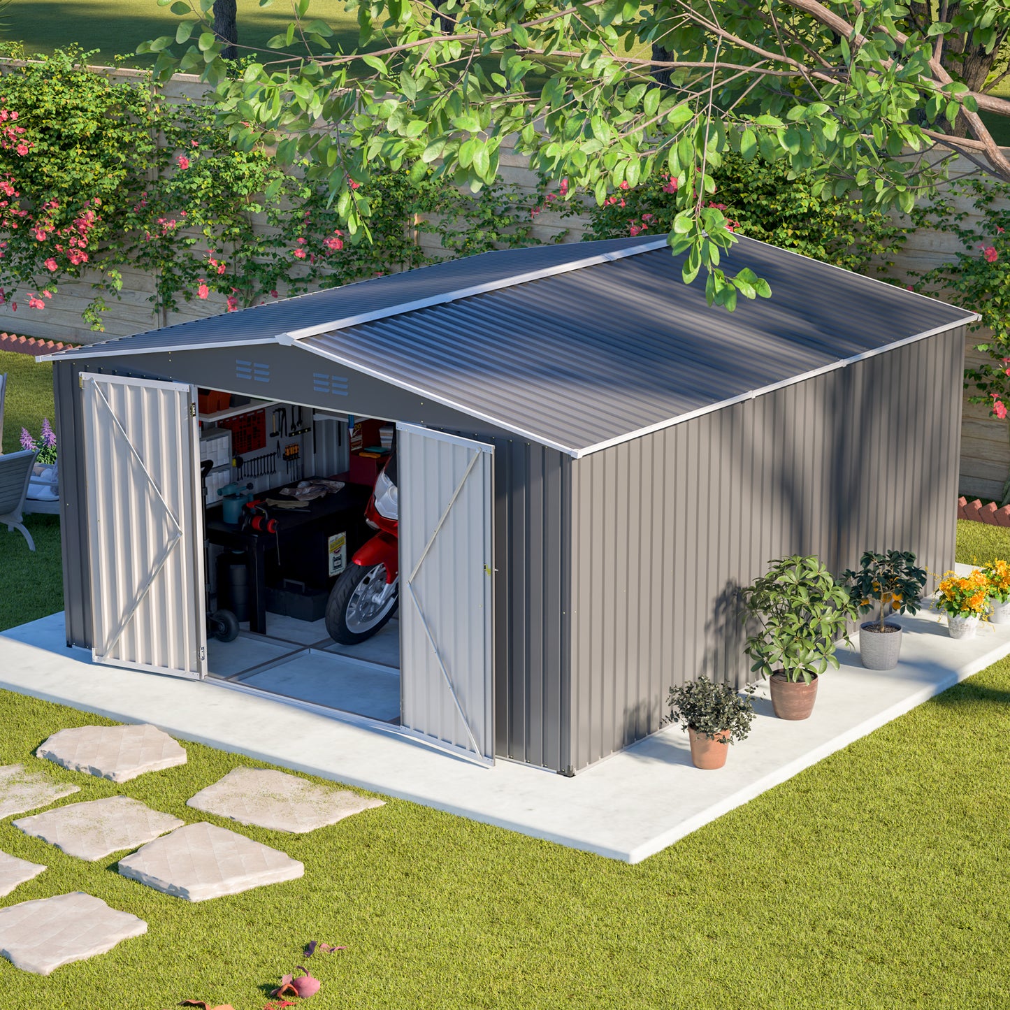 12x14 ft Outdoor Metal Storage Shed - Waterproof Garden Tool Shed