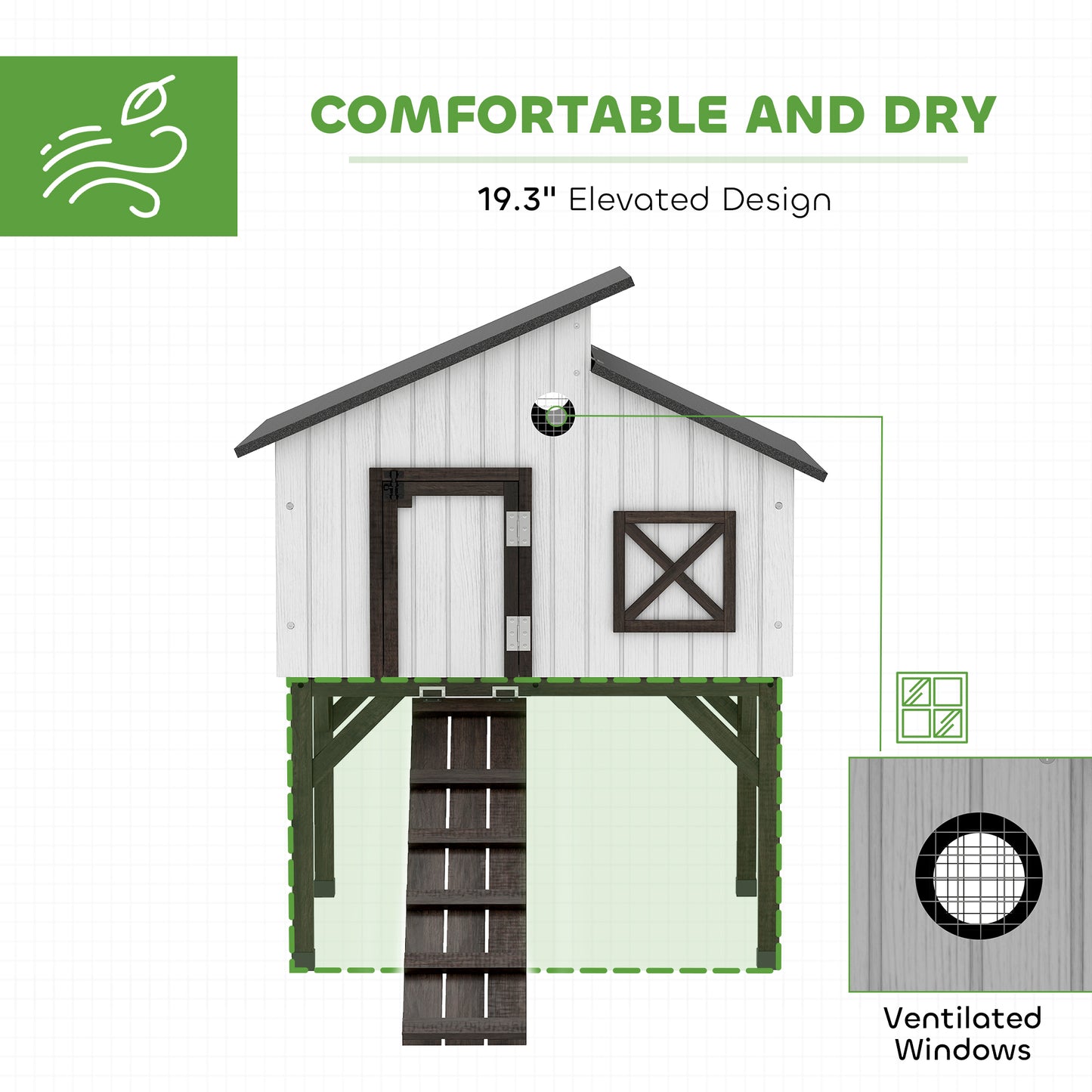 Elevated Chicken Coop with Nesting Box and Ramp - All-Weather Bird House