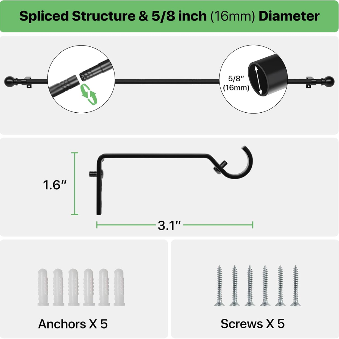 Adjustable Black Curtain Rod Set 28-48 Inch with Brackets