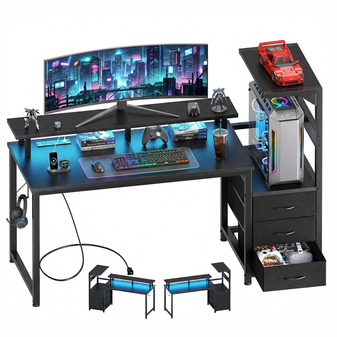 Gaming Desk with USB Ports & LED Lights - 52" with Drawers