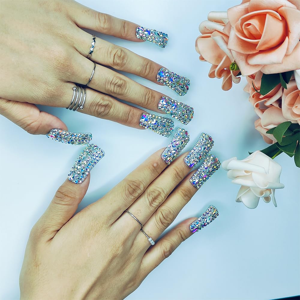 Reusable Acrylic Duck Nails - Handmade 3D Crystal Press-On Fake Nails