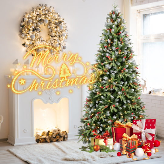 5ft LED Christmas Tree - Artificial Green Pine with Red Fruits & Pine Cones