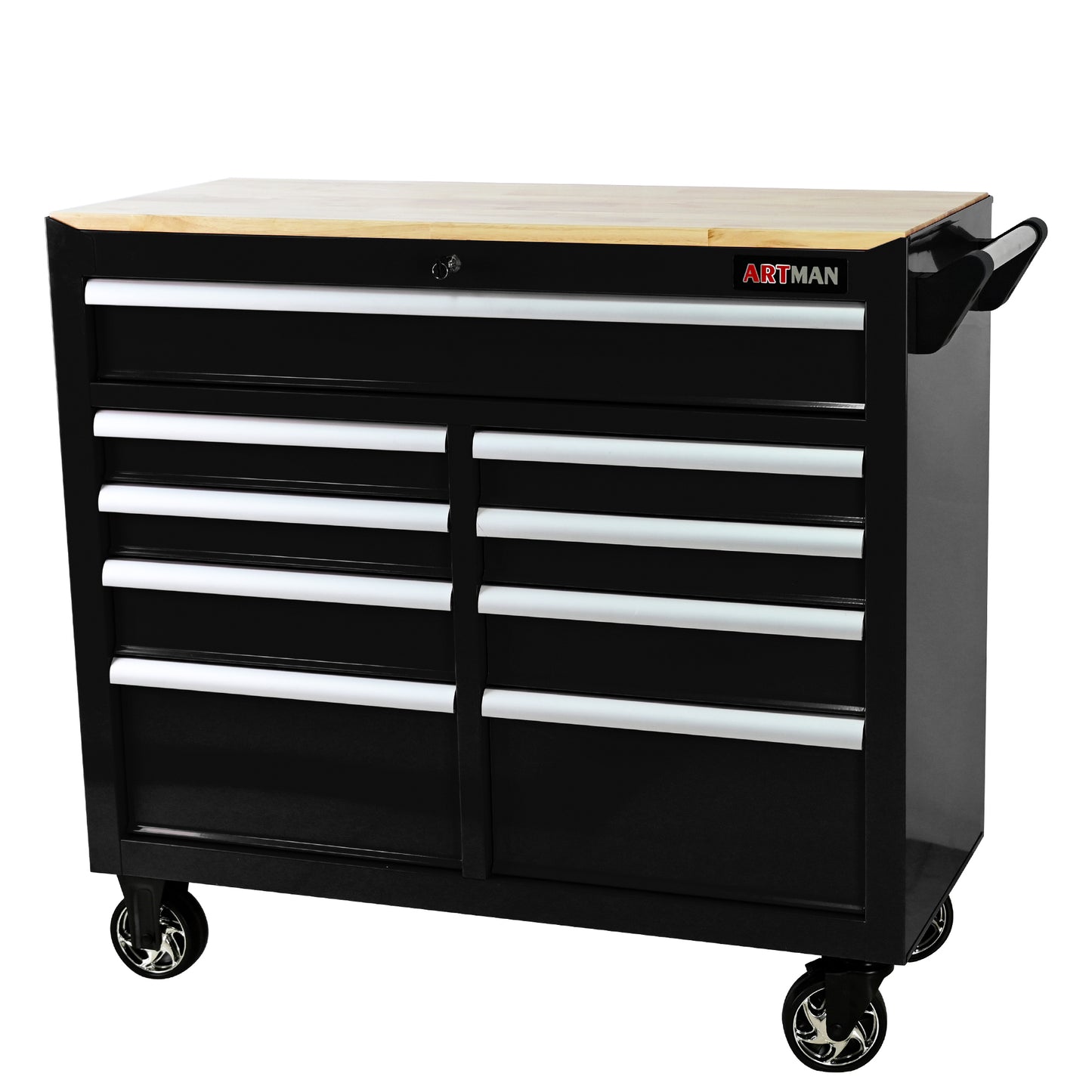 Multifunctional Tool Cart with 9 Drawers, Wheels & Wooden Top - Black