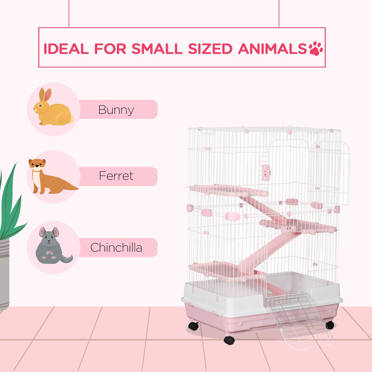 Small Animal Cage with Wheels & Slide-Out Tray for Rabbits, Chinchillas, Ferrets - Pink, 32 Inches