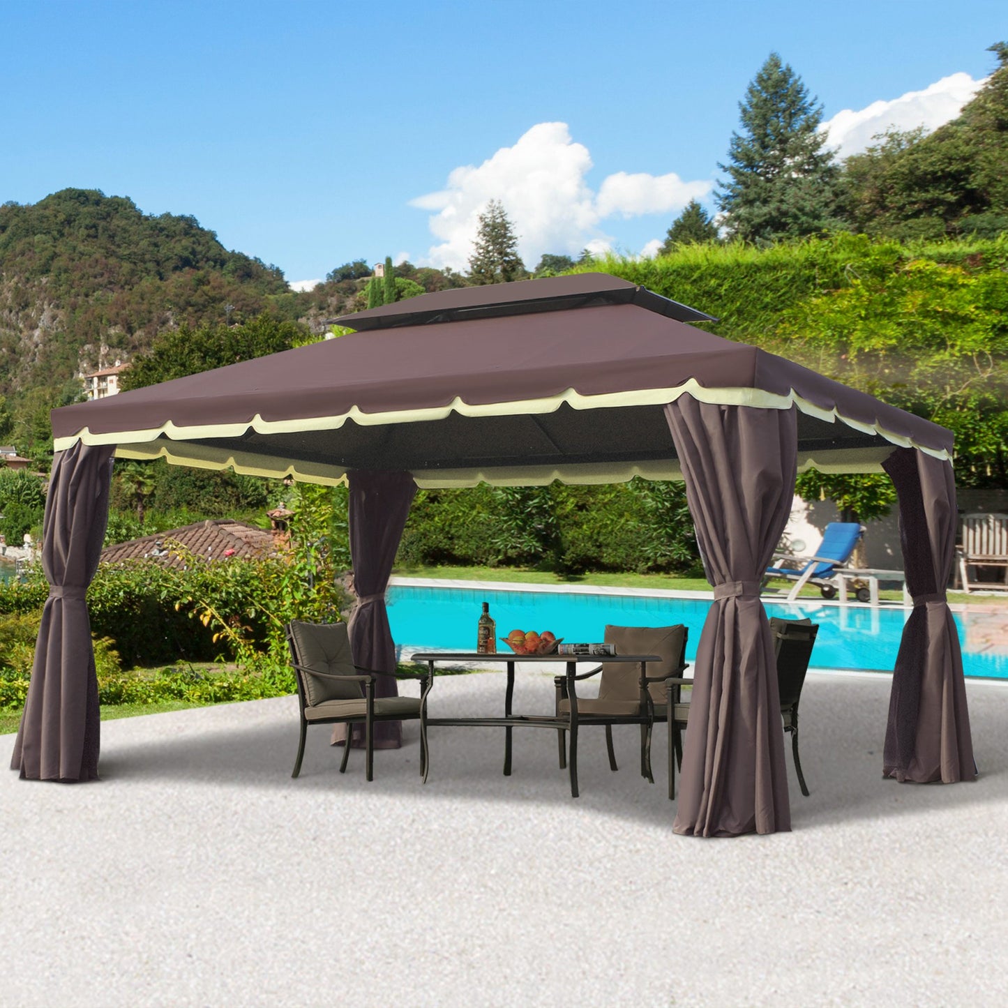 Outdoor Aluminum Frame Gazebo with Double Roof & Curtains - Coffee