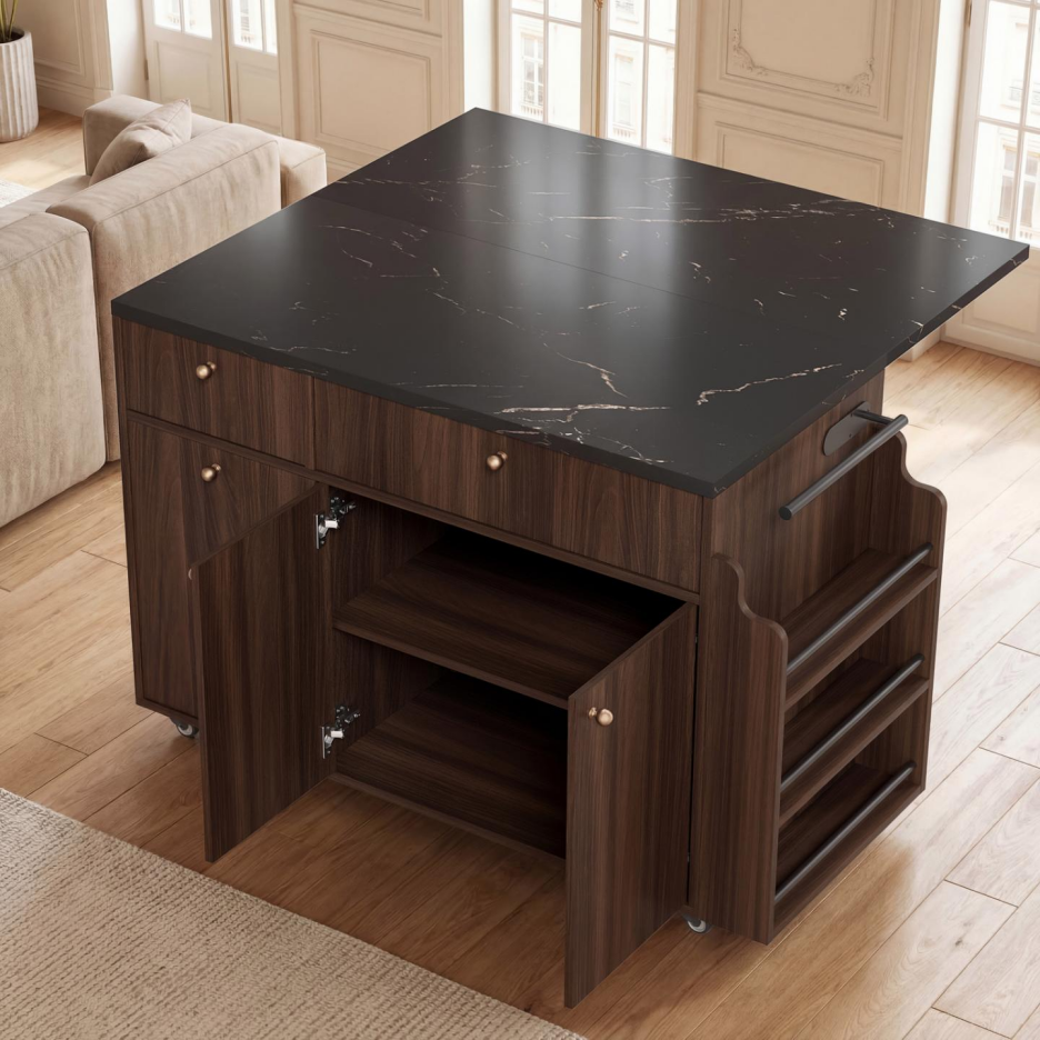 Rolling Kitchen Island Cart with Drop Leaf - Walnut Finish