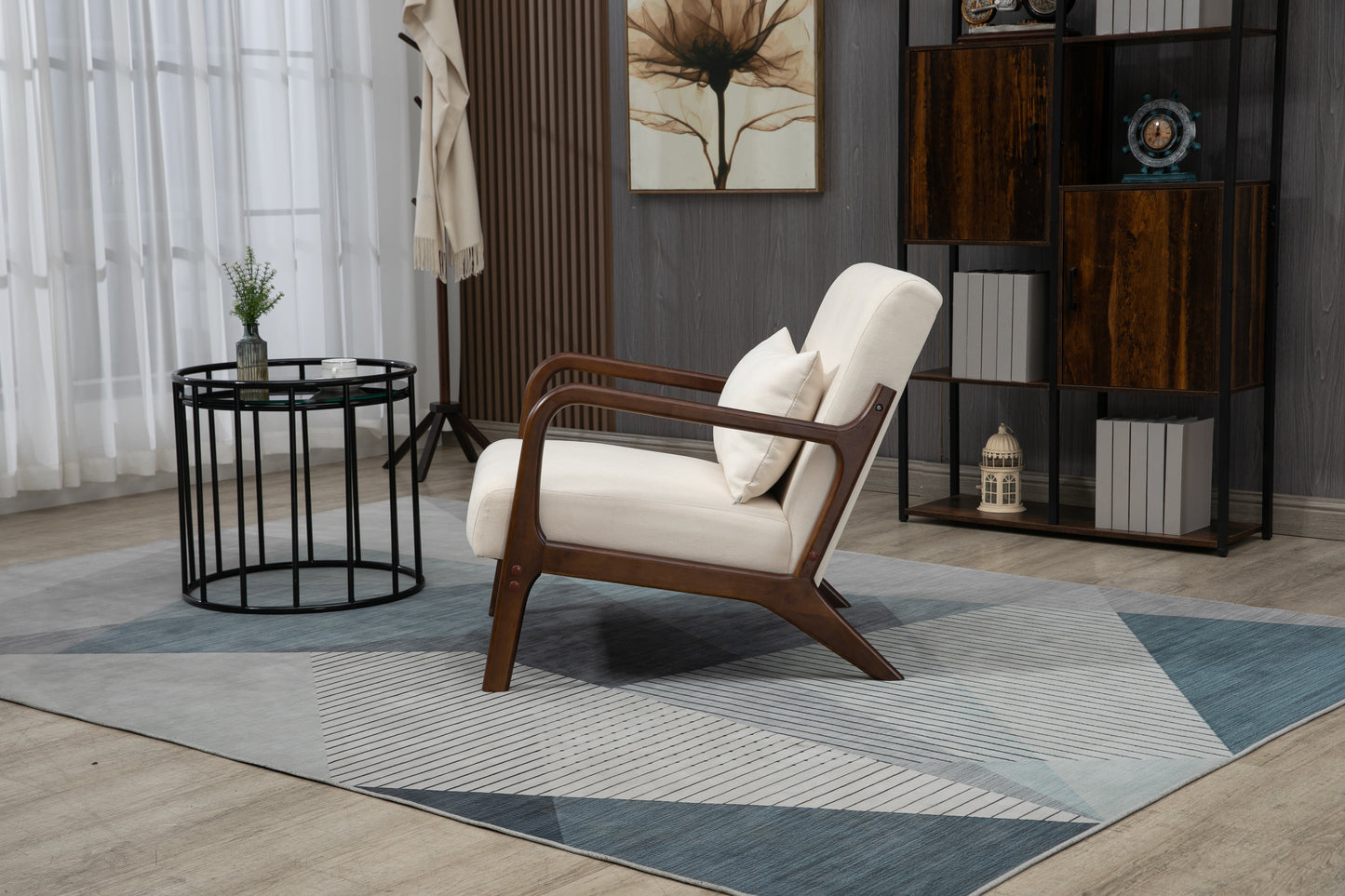 Mid Century Modern Accent Chair - Antique White Upholstered Armchair