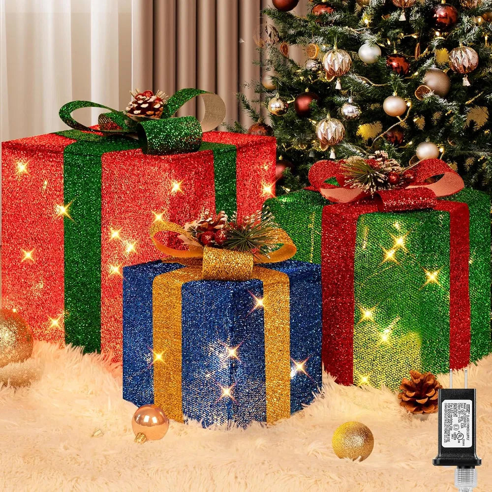 Large Christmas Gift Boxes with LED String Lights - 3 Pieces