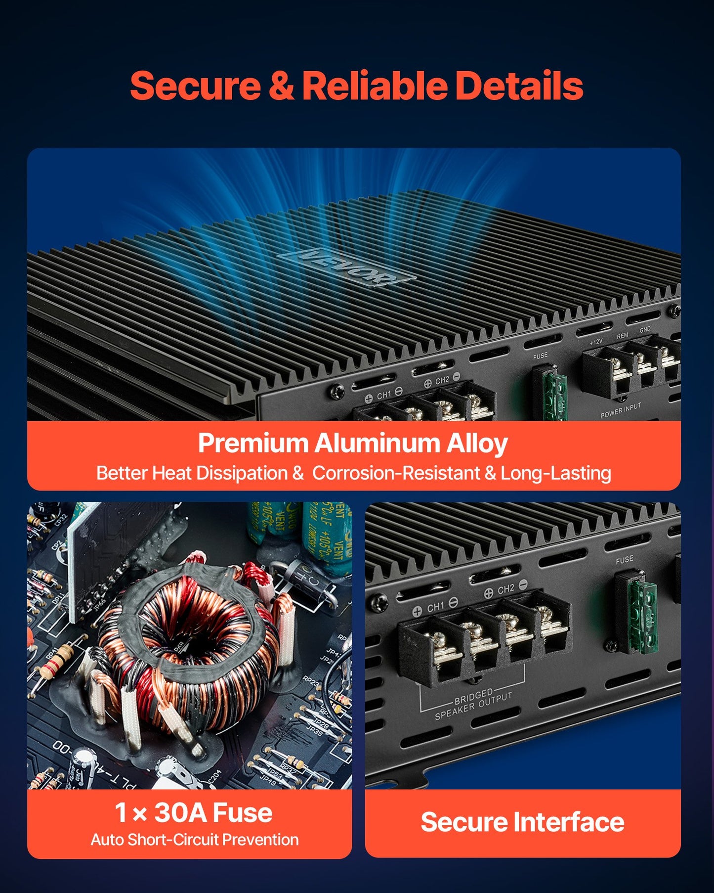 2 Channel Car Audio Amplifier 300W x 2 Bridgeable Full Range Stereo Amp - Black