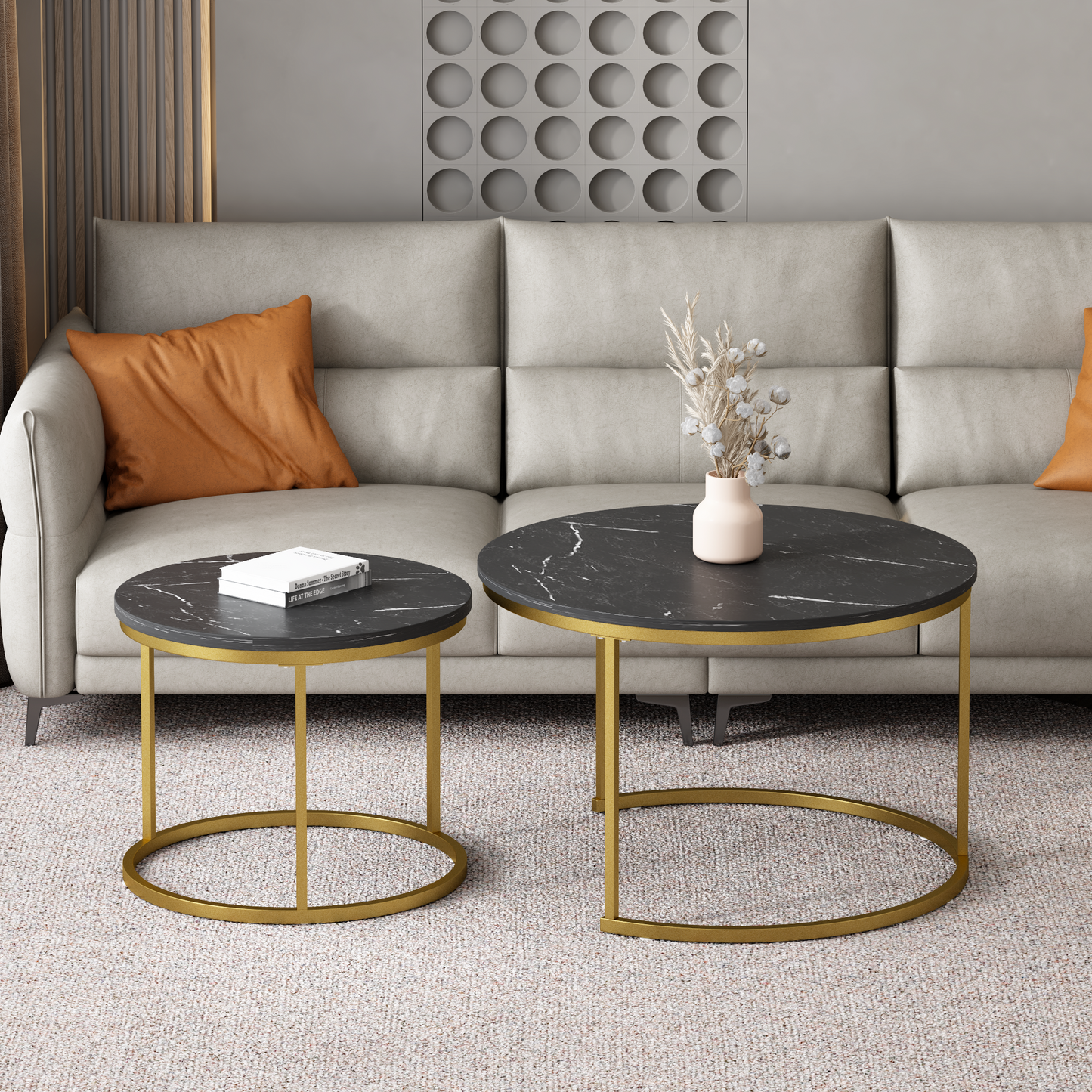 Nesting Coffee Table Set of 2 - Round Black+Gold Marble Top