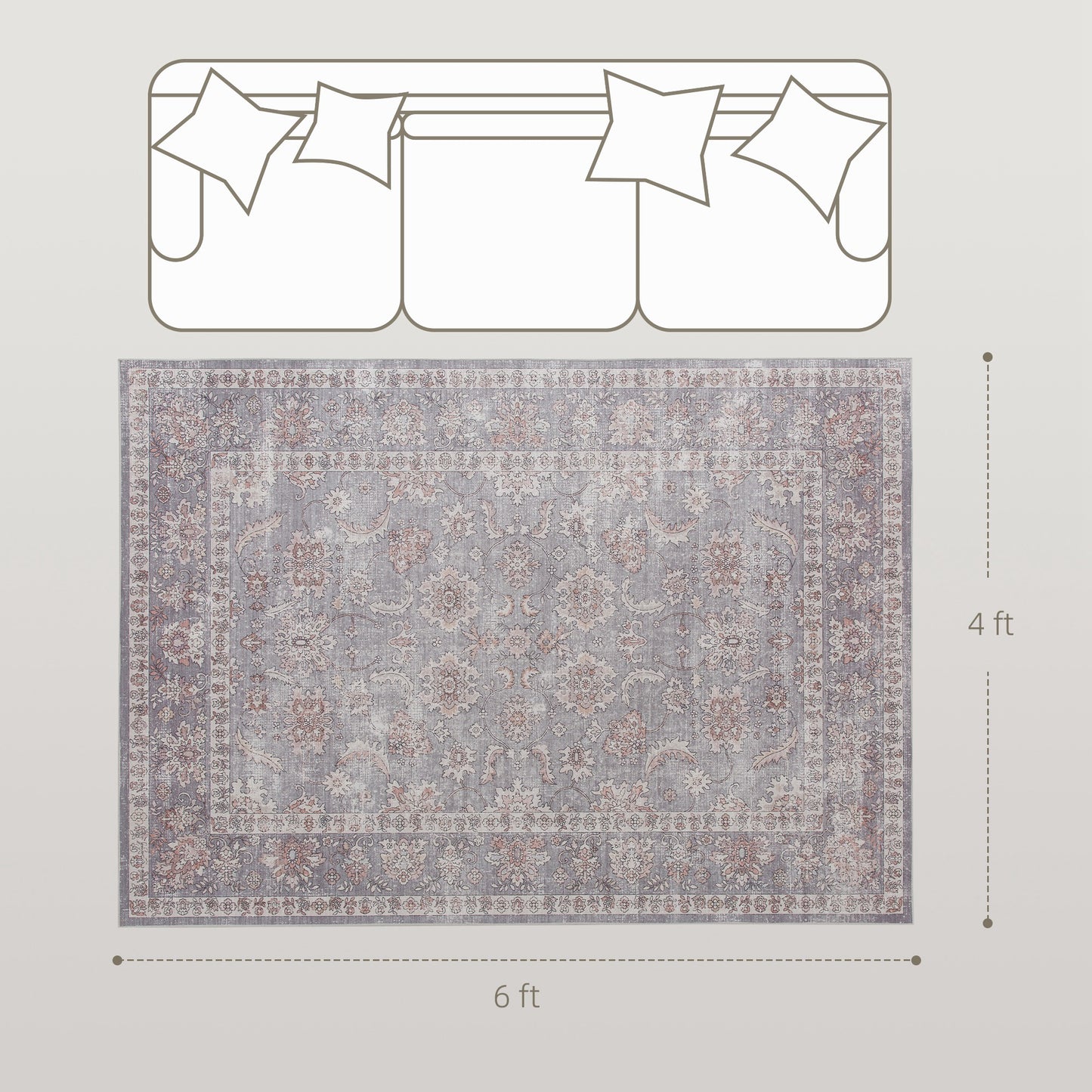 Machine Washable Floral Area Rug 4x6 - Grey & Brown