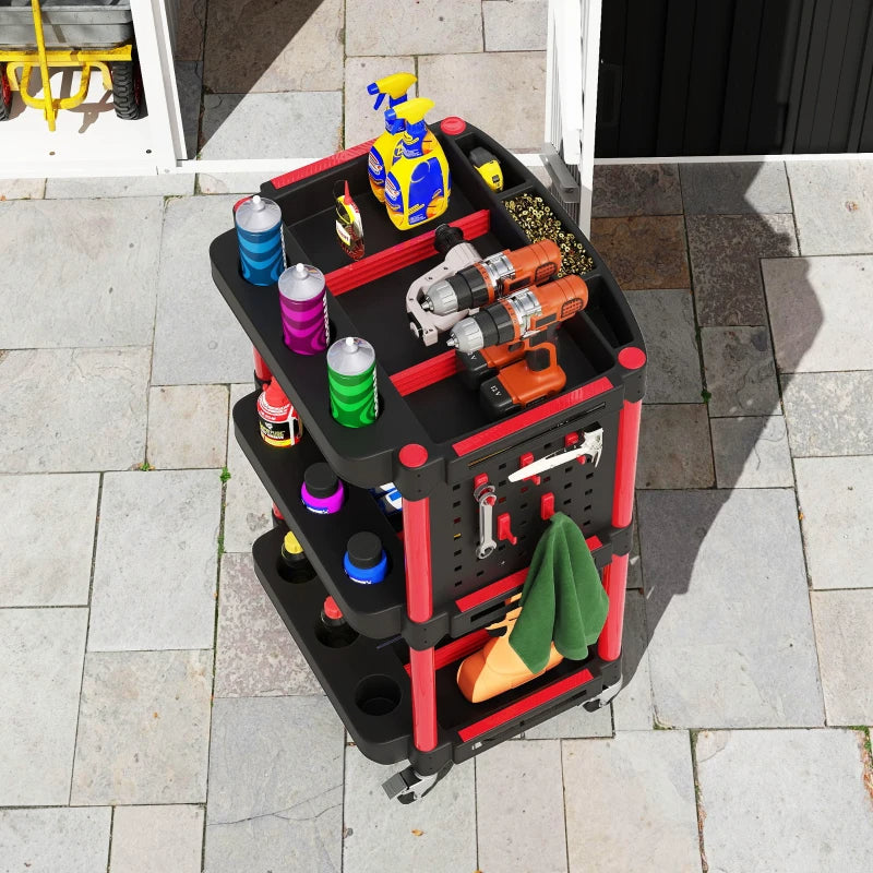 3-Tier Rolling Tool Cart - 200 LBS Capacity Plastic Utility Cart - Black & Red