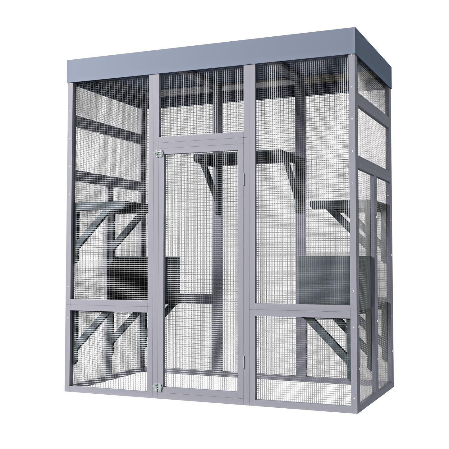 Outdoor Wooden Cat Enclosure with Waterproof Roof and Multiple Levels - Gray