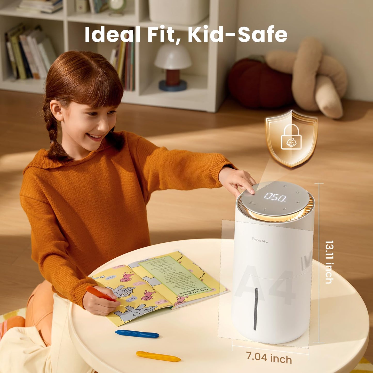 Small Evaporative Humidifier for Bedroom with Auto Humidity Control, 3L Water Tank, Night Light, Washable Filter, No White Dust
