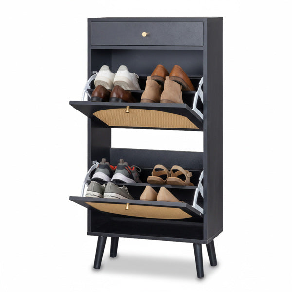 Shoe Cabinet with Drawer and Flip-Top Compartments - Black