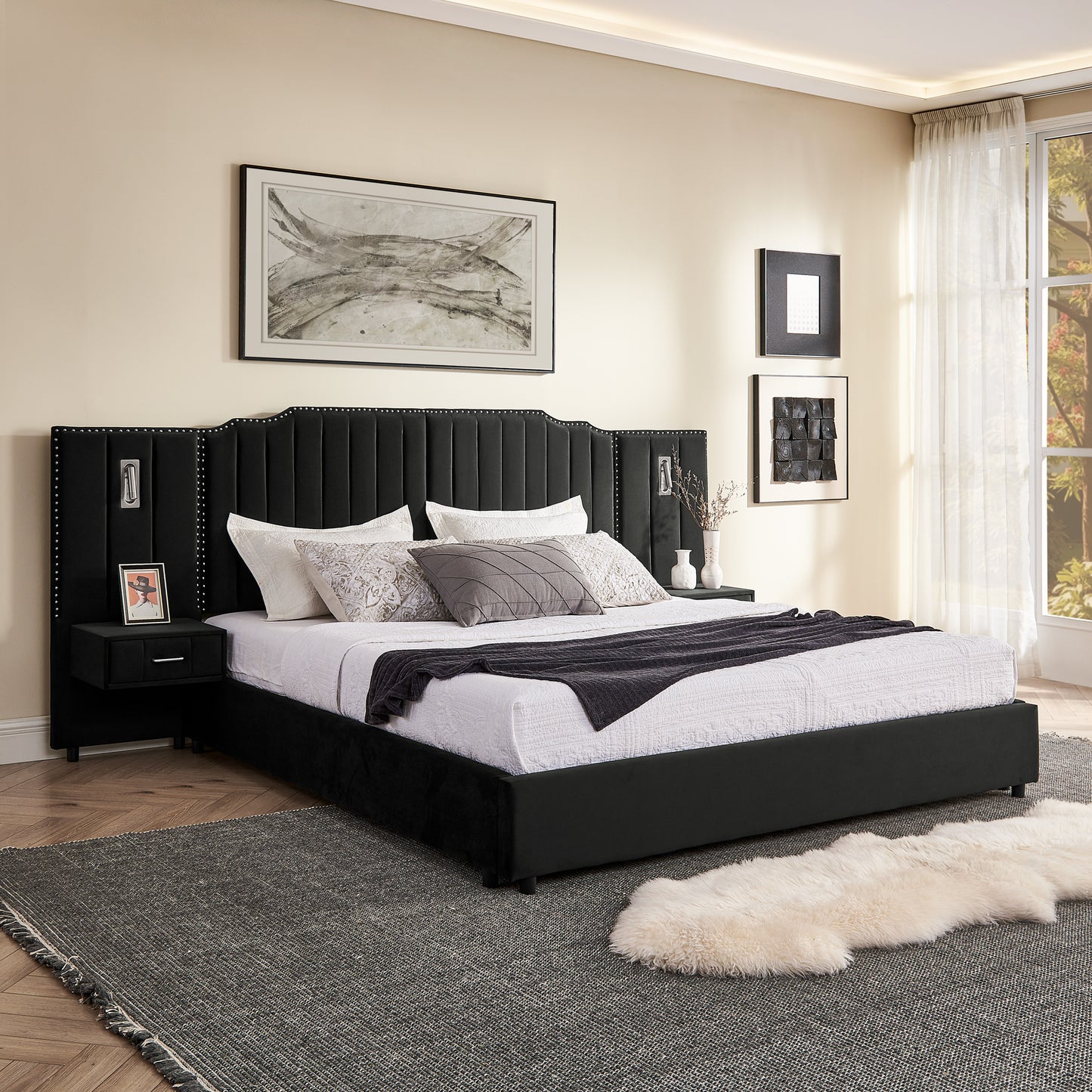 King Size Upholstered Bed Frame with Velvet Fabric & Headboard - Black