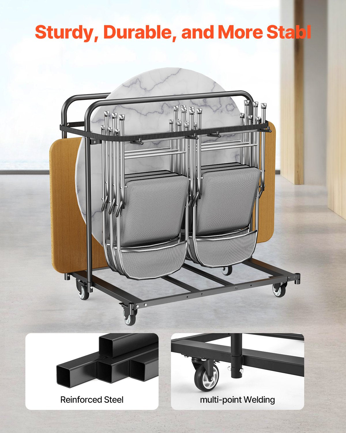 Heavy-Duty Folding Chair and Table Storage Cart with Casters - Black