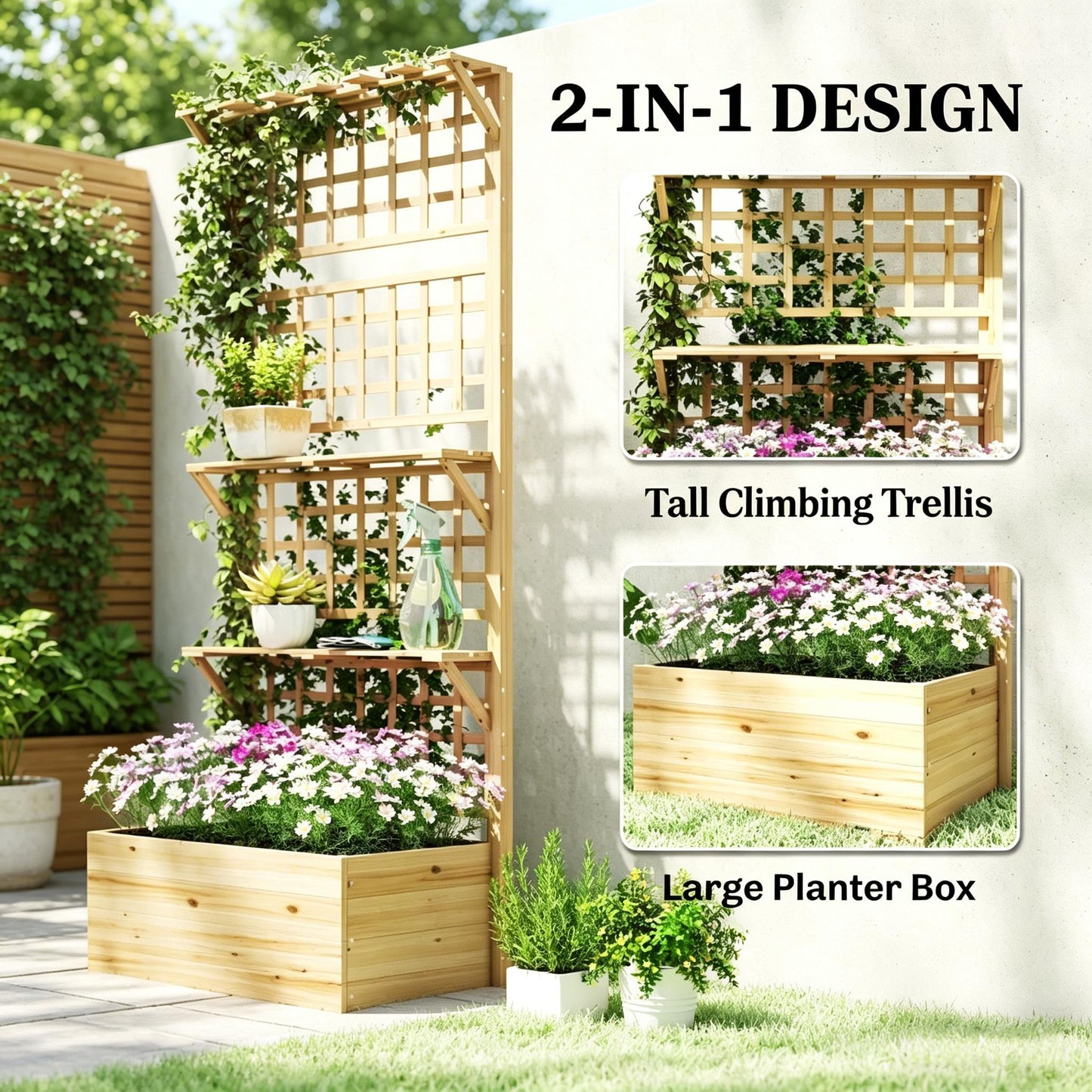 Elevated Wooden Planter Box with Trellis and Storage Shelves