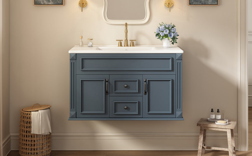 36-Inch Wall Mounted Bathroom Vanity with Ceramic Sink - Blue