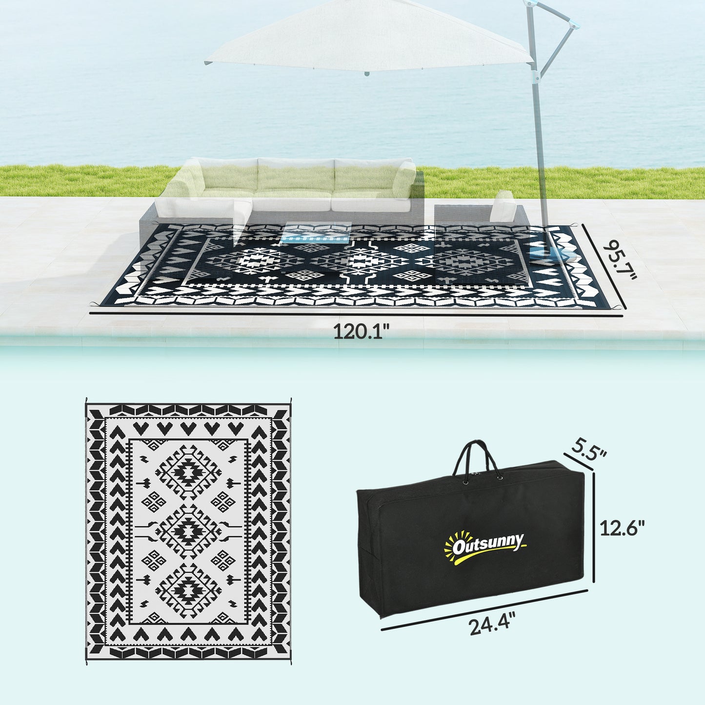Reversible Outdoor Rug - Waterproof Plastic Straw, 8' x 10', Black & White Patchwork