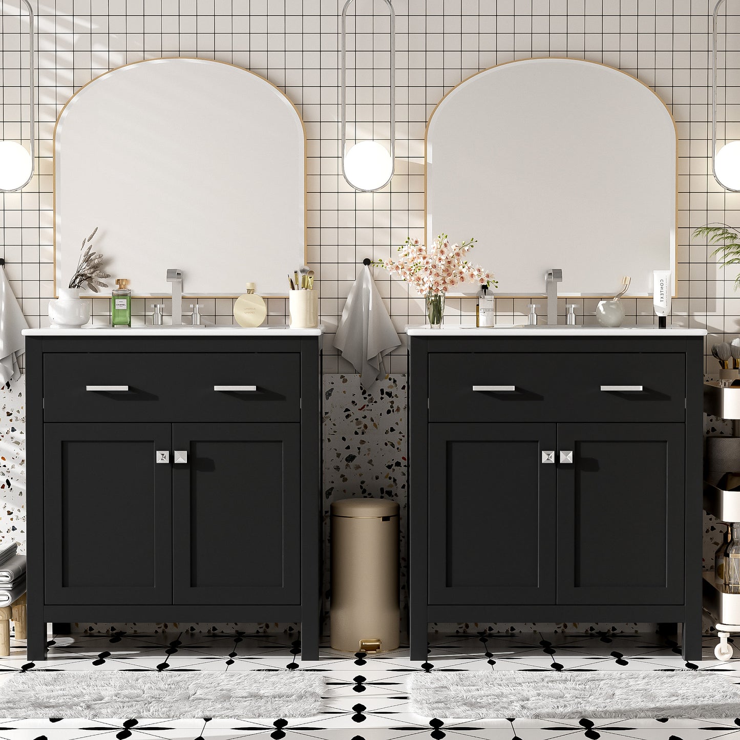 60" Modern Black Bathroom Vanity Set with Double Sinks & Storage