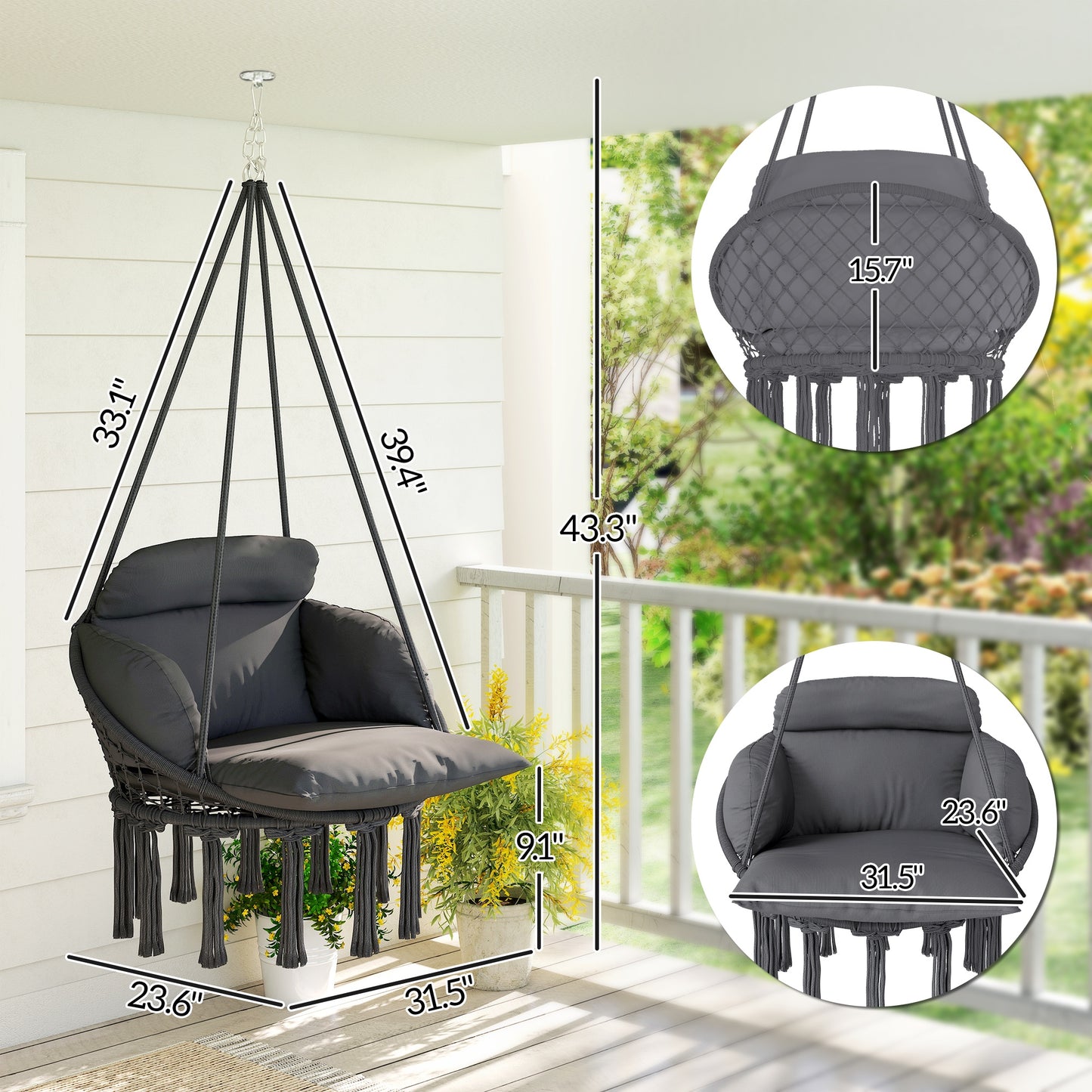 Macrame Hanging Hammock Chair with Large Cushion - Dark Gray
