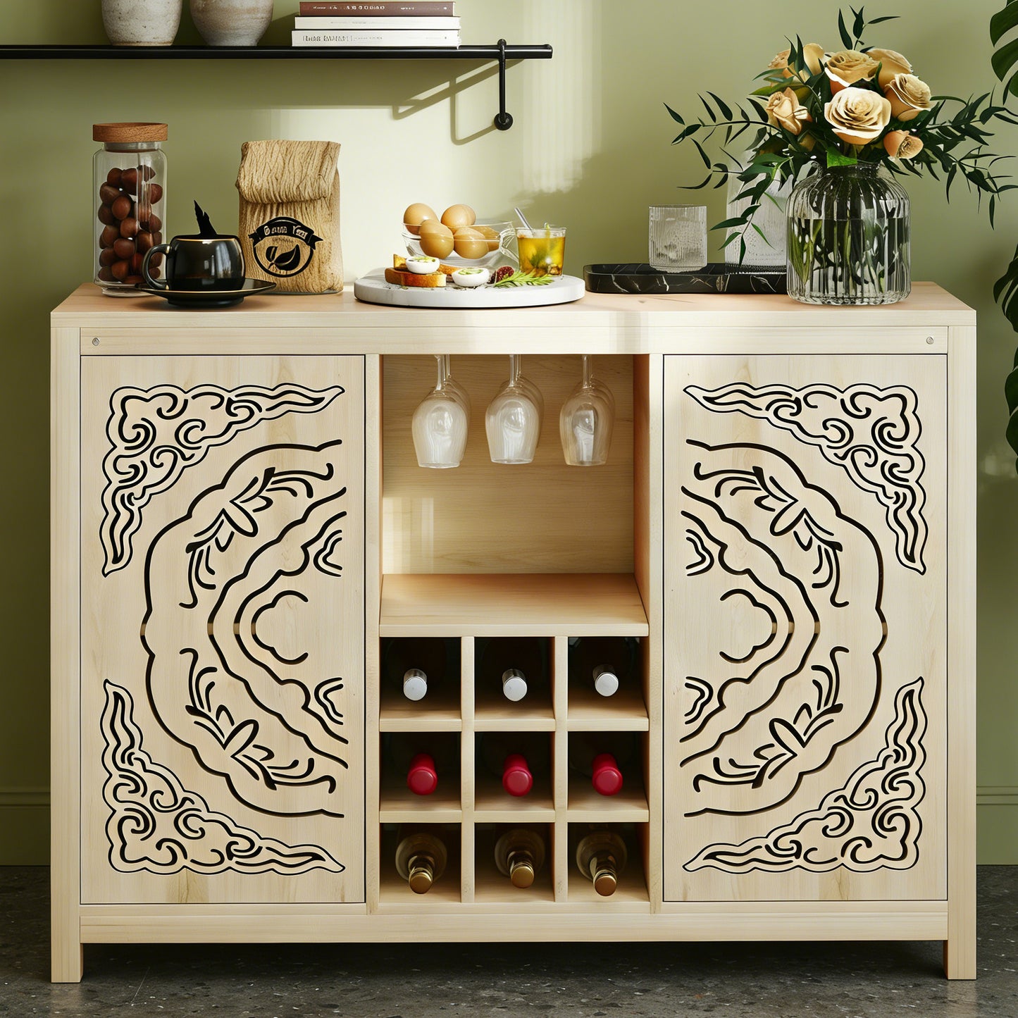 Wine Bar Cabinet With 2 Doors Buffet Storage Liquor Rack And Glass