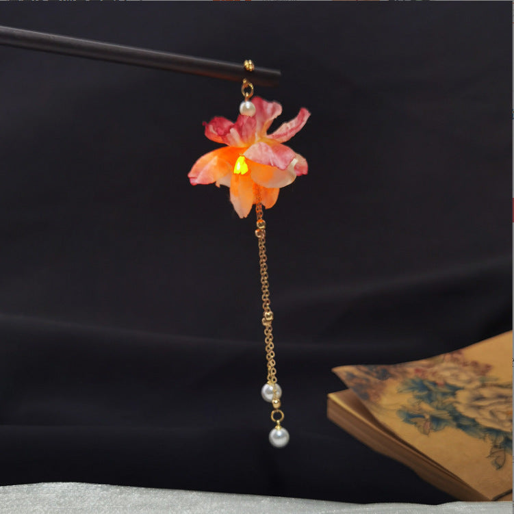 Ancient Style Tassel Hairpin with Glowing Lantern and Silk Flowers - Hair Accessory