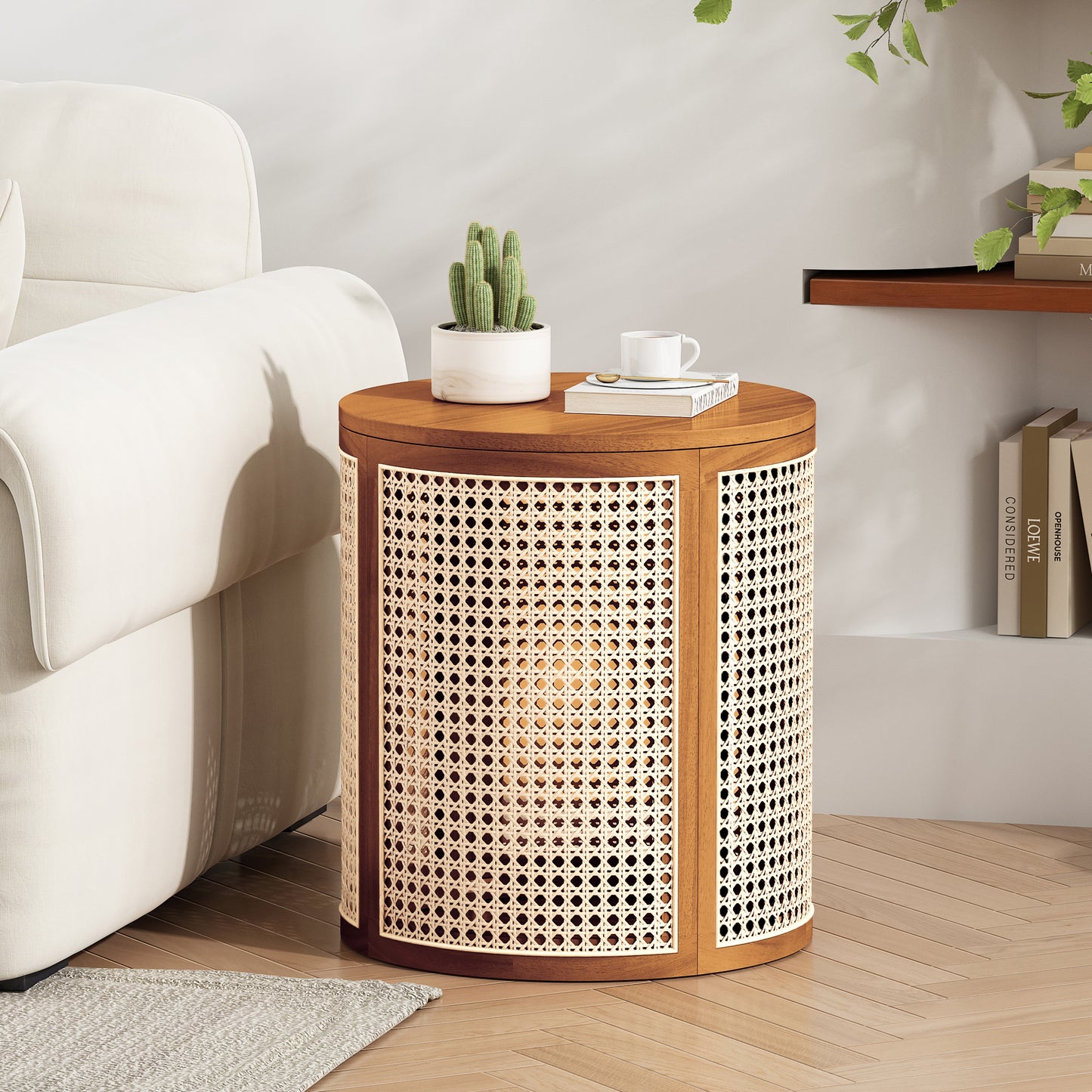 15.70 Round End Table, Hollow Woven Side Small Rubber Wood