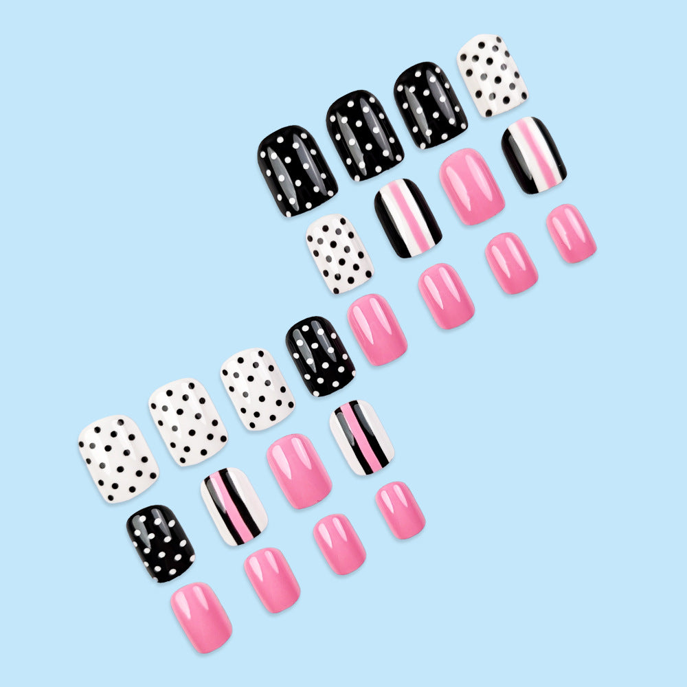24 Pcs Pink Short Square Nail Stickers with Black Dots & Stripes Nail Art Kit