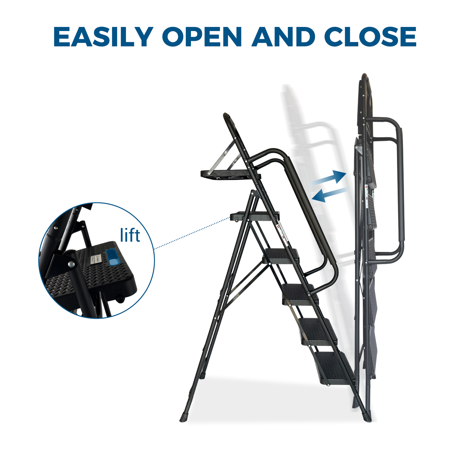 Folding Step Ladder with Wide Anti-Slip Pedal - Black