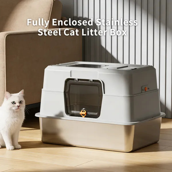 Fully Enclosed Stainless Steel Cat Litter Box with Odor Proof & Anti-Splash Design
