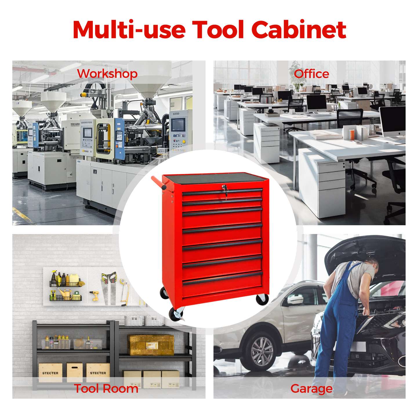 7-Drawer Metal Rolling Tool Storage Cabinet with Lockable Wheels - Red Garage Organizer
