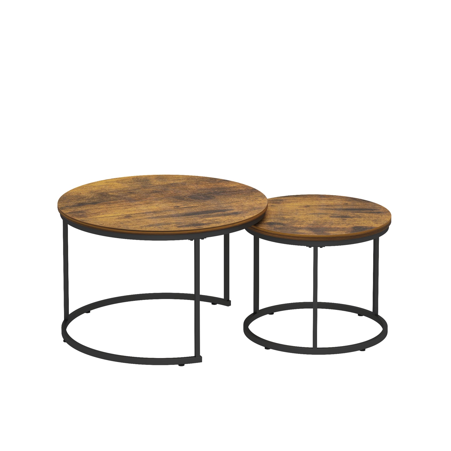 Nesting Coffee Table Set of 2 - Round Wood & Metal, Rustic Brown