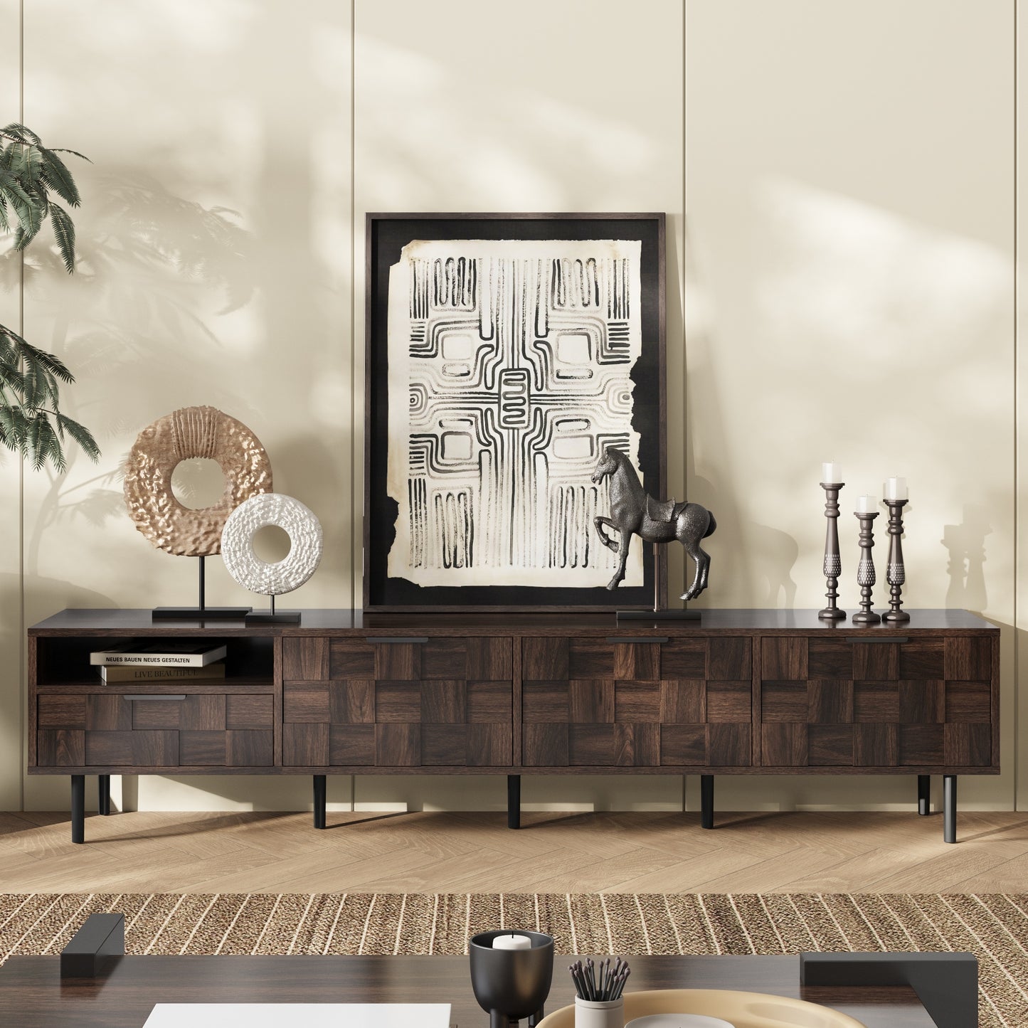Mid Century Modern TV Stand for 65+ Inch TVs - Walnut