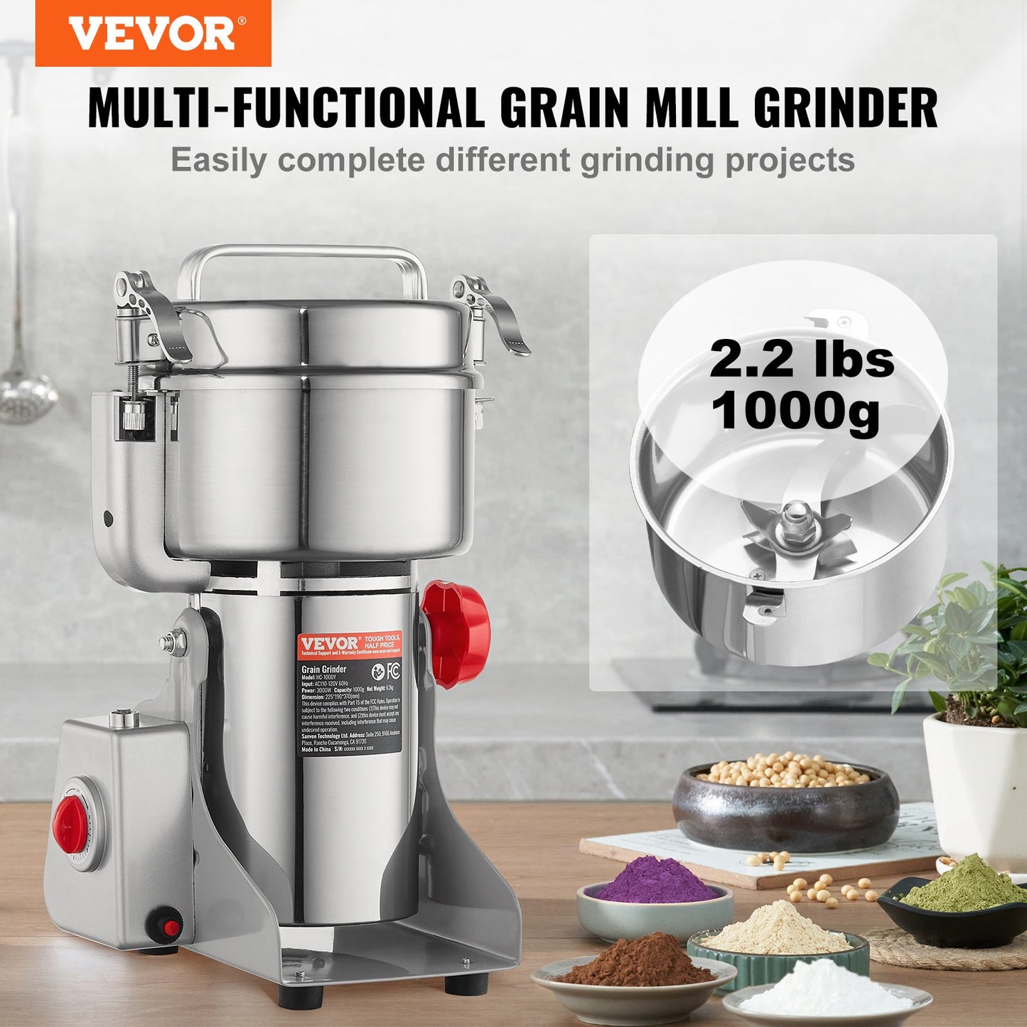 Electric Spice Grinder 1000g High-Speed Grain Mill with Swing Function