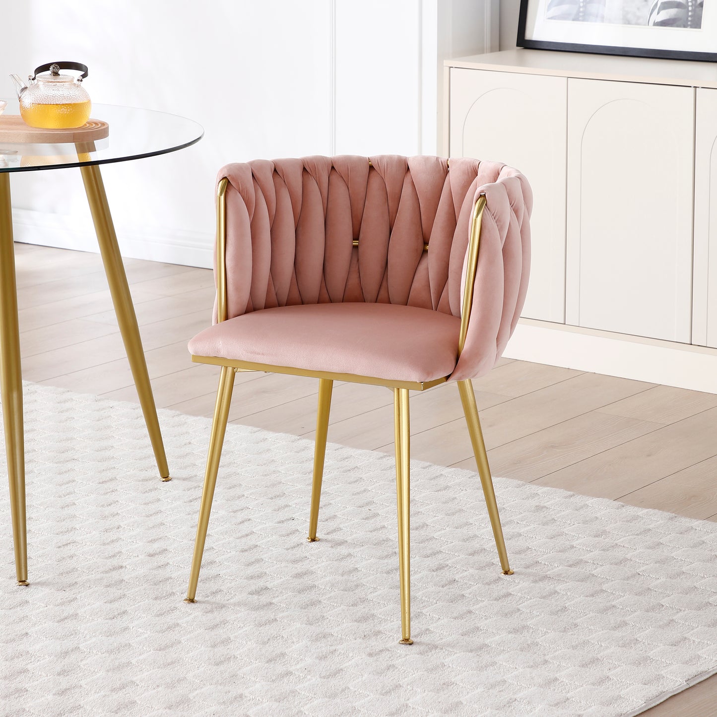 Pink Velvet Dining Chairs Set of 2 with Gold Metal Legs