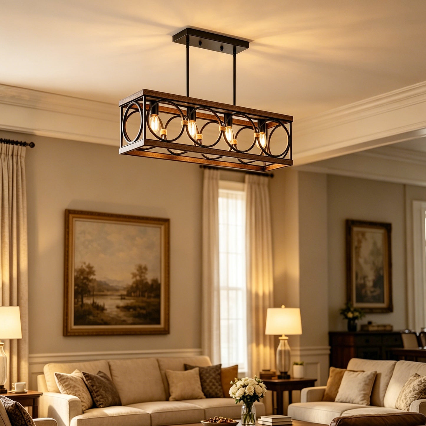 4-Light Rustic Farmhouse Pendant Light - Matte Black