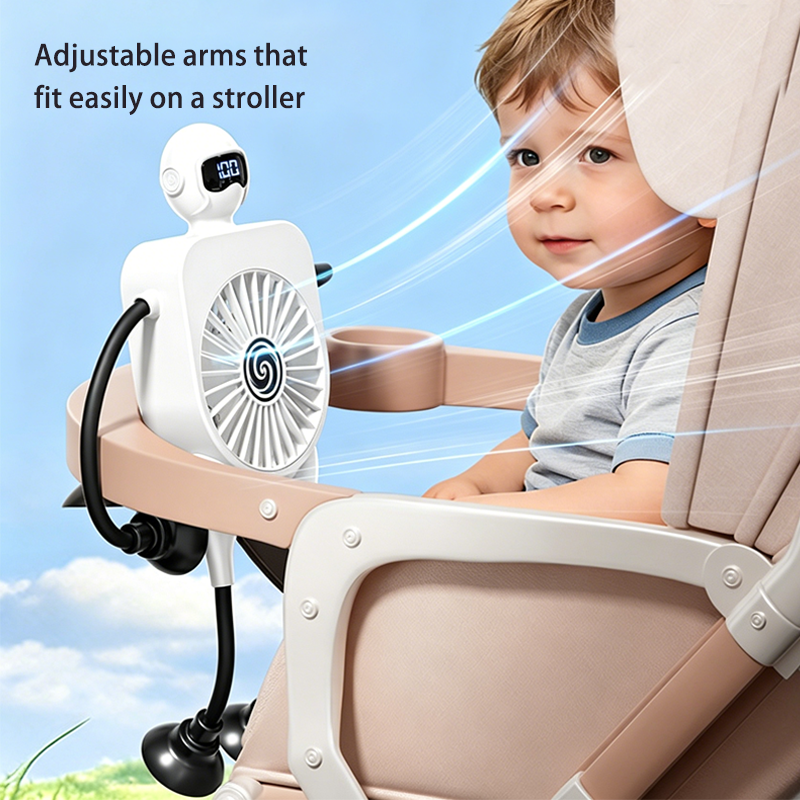Rechargeable 2000mAh Mini Fan with Suction Cup & Flexible Arms - White