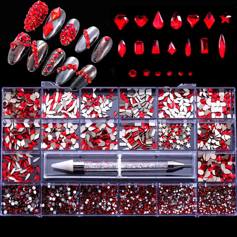 21 Grid Box Nail Rhinestones - Bright Red Crystal Glass