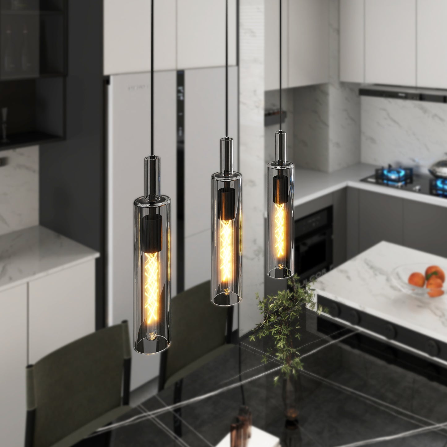 Modern Adjustable Black Glass Pendant Light - 3 Pack
