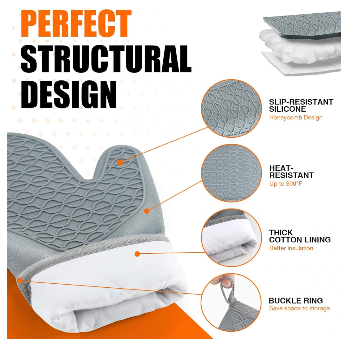 Heat Resistant Silicone Oven Mitts - 2-Pack with Cotton Lining, Non-Slip Grip, 12.5 Inch - Grey