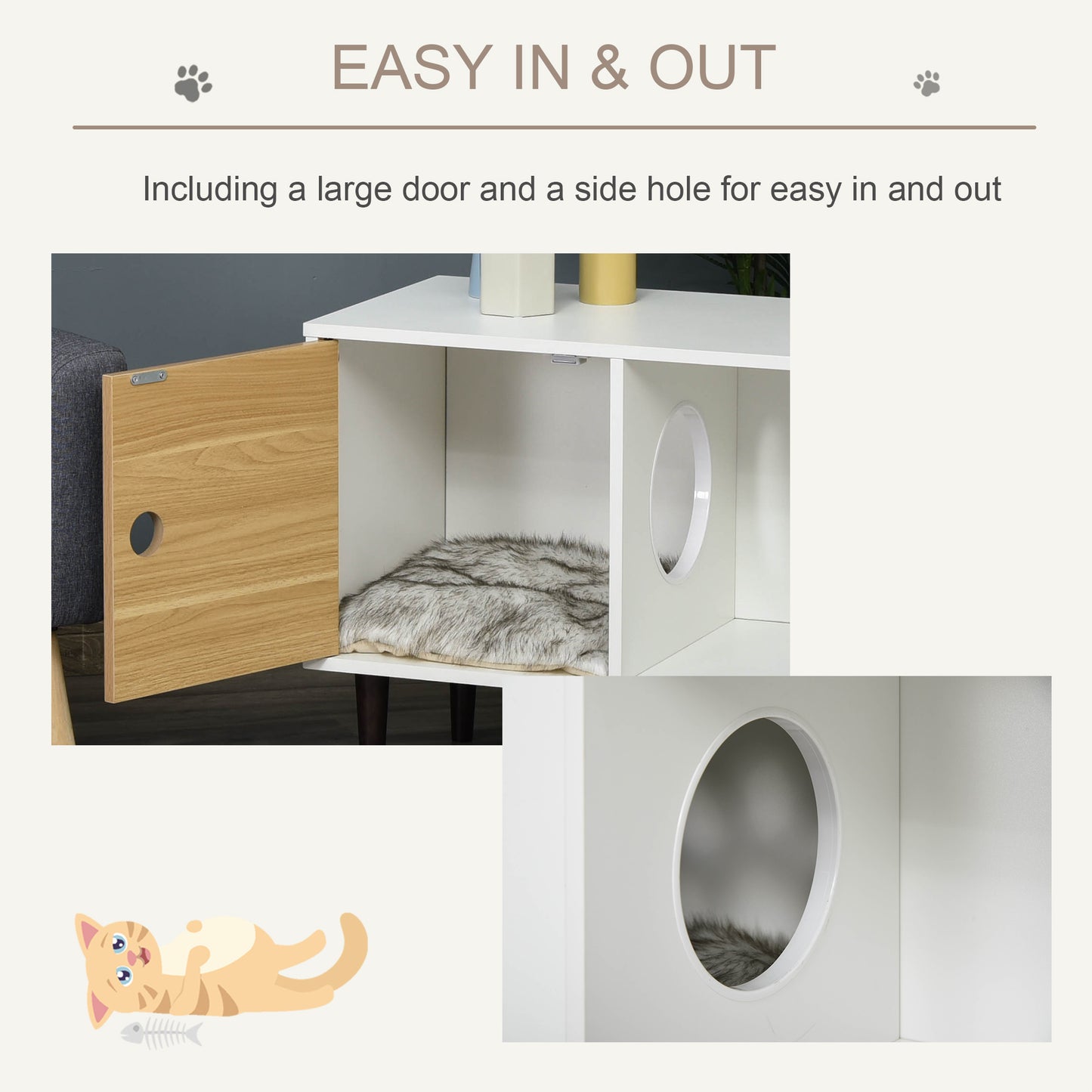 Wooden Cat House with Soft Cushion - Elevated Pet Condo with Storage - White, 800x460x160mm