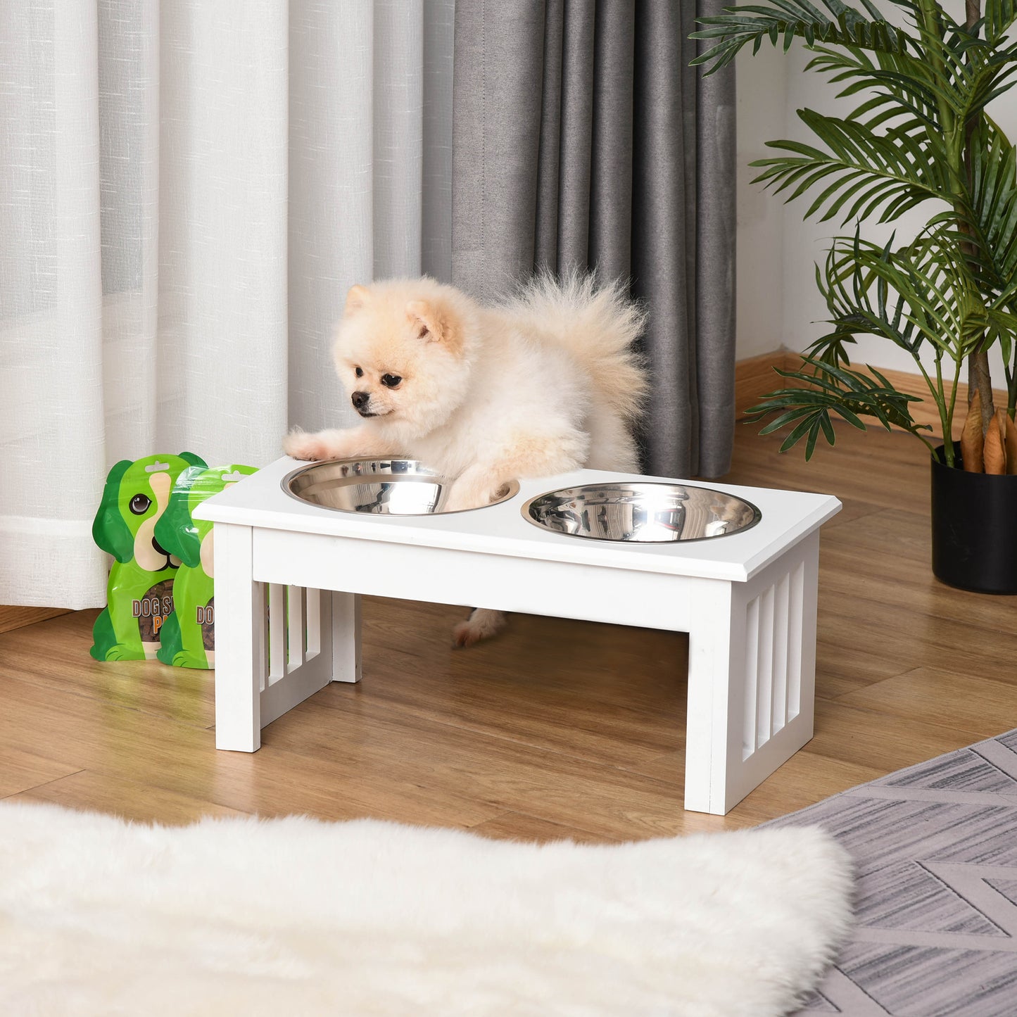 Small Elevated Dog Feeding Station with Stainless Steel Bowls and Wooden Frame