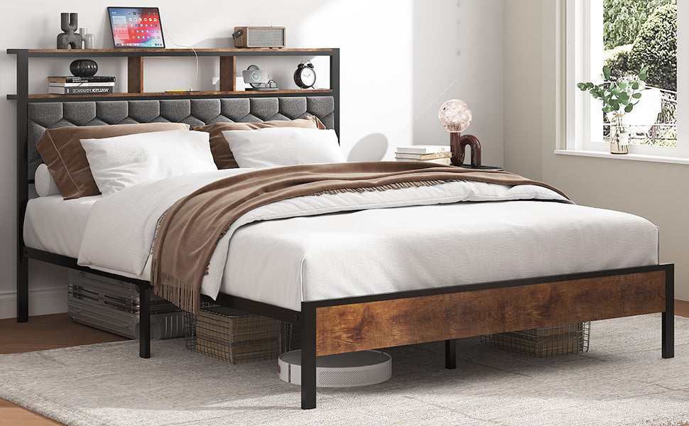 Full Wood Platform Bed Frame with Upholstered Headboard, USB Ports & Underbed Storage