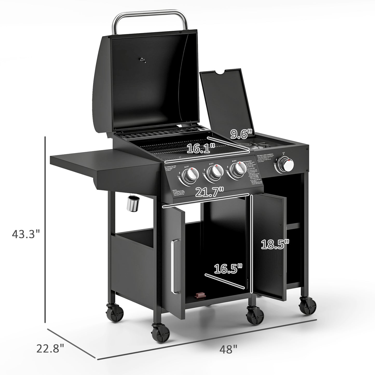 3-Burner Propane Gas Grill with Side Burner and Shelves