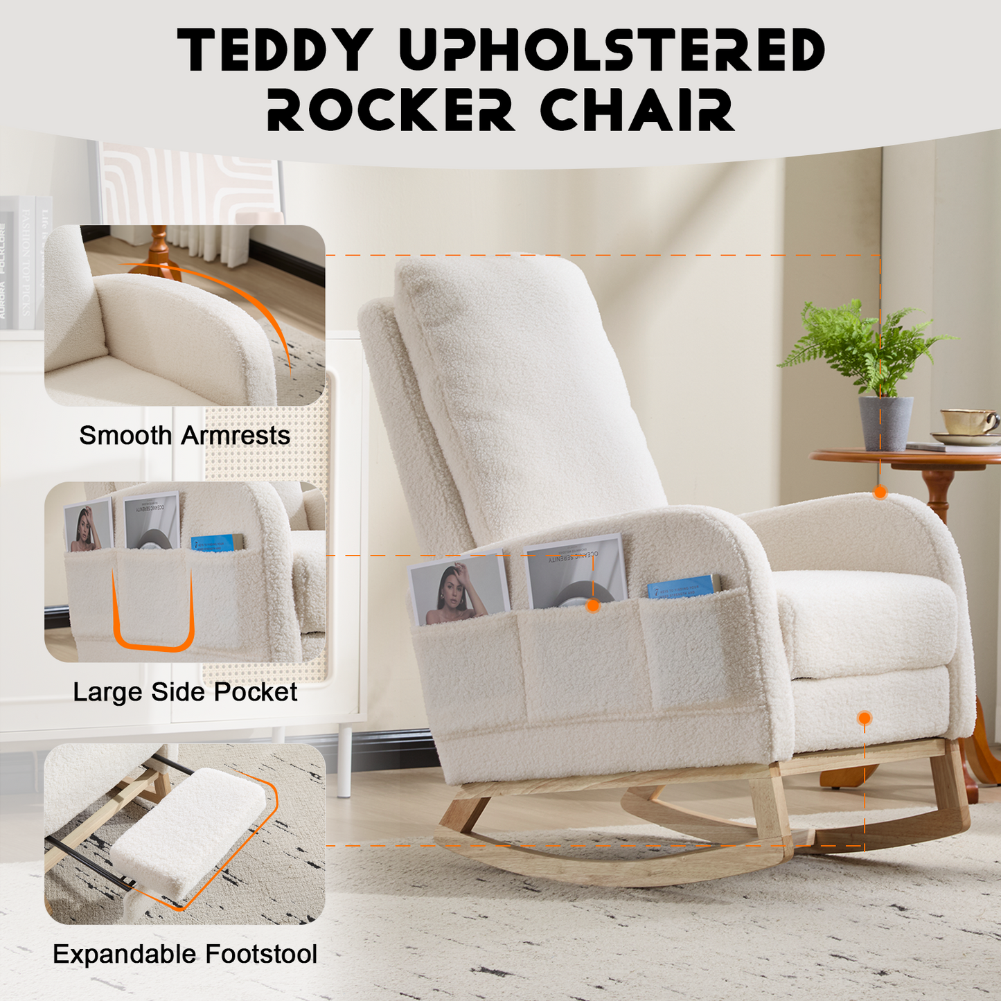 Upholstered Rocking Chair with Solid Wood Legs - White